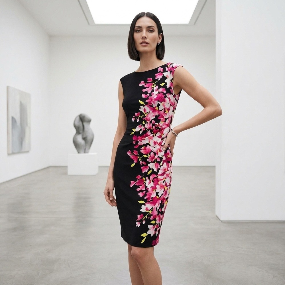 Lauren Ralph Lauren Black Pink Floral Ruched Sheath Dress Size 6